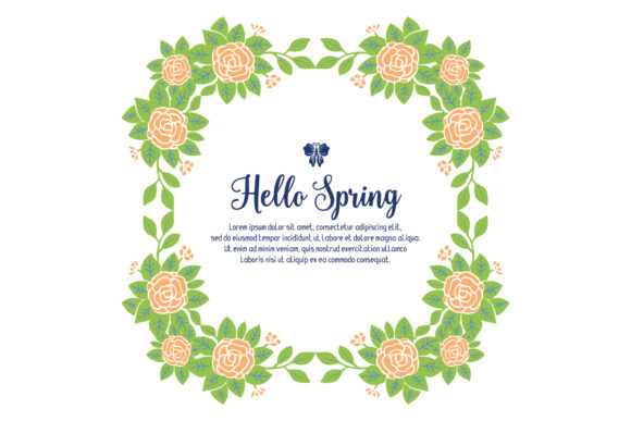 Cute Hello Spring Greeting Card Design with Leaf and Rose Floral Frame
